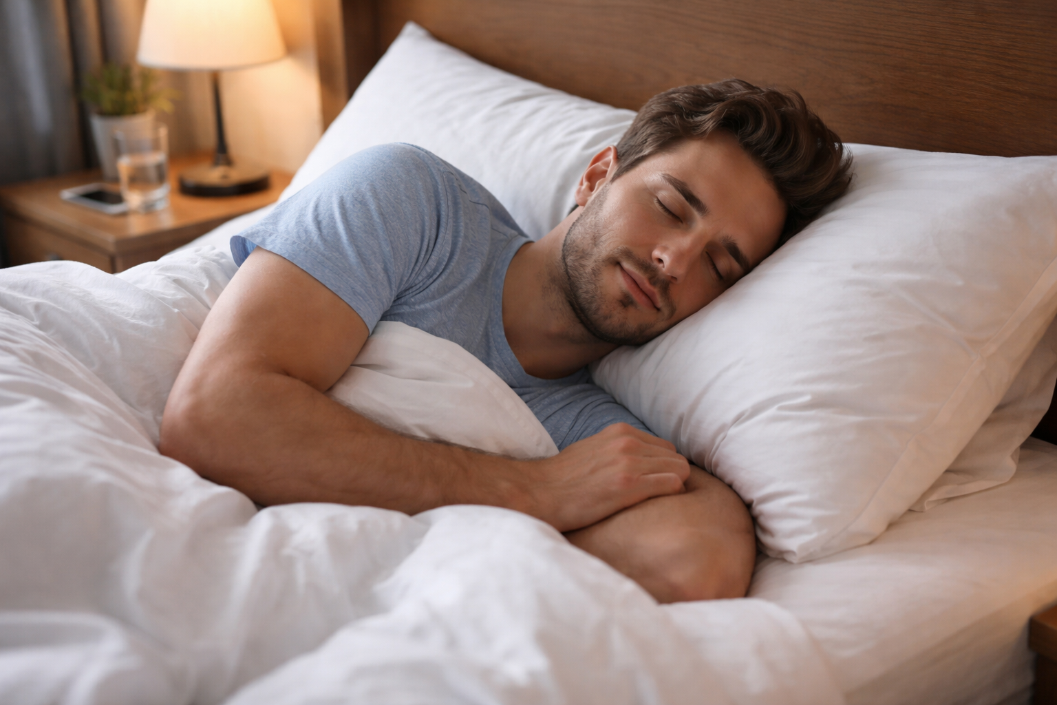 Man sleeping peacefully in bed, side position supporting snoring relief and better sleep