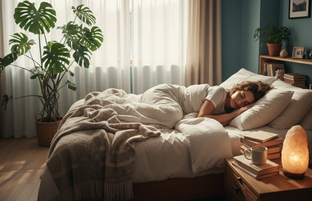Woman sleeping in bed in bedroom