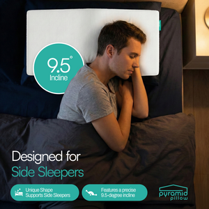 Man sleeping on a Pyramid Pillow with text highlighting its 9.5-degree incline for side sleepers.