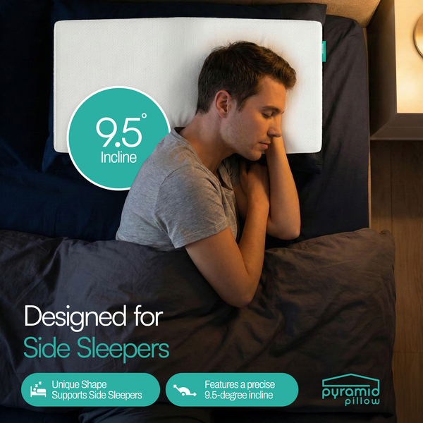 Man sleeping on a Pyramid Pillow with text highlighting its 9.5-degree incline for side sleepers.