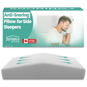 Anti-snoring pillow packaging with a man using the Pyramid Pillow and the product displayed below.