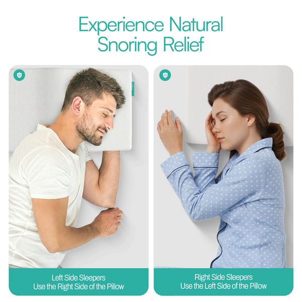 Two people using a pillow with text about natural snoring relief.