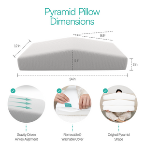Pyramid pillow with dimensions and features on a white background