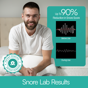 Man sitting on a bed with snore lab results and product claims displayed.