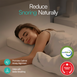 Woman sleeping on a pillow with text 'Reduce Snoring Naturally' and CertiPUR-US logo.