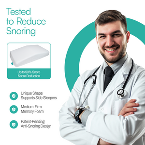 Man promoting an anti-snoring pillow with text and product image on a white background