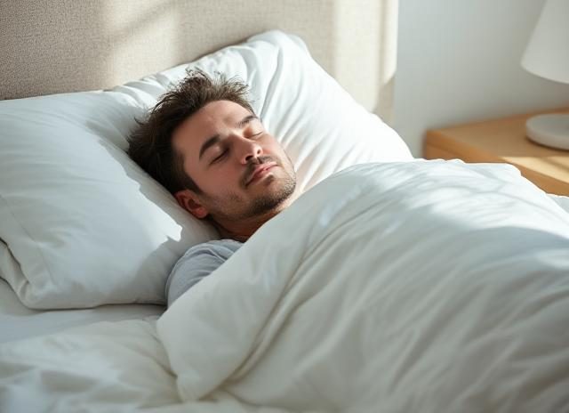 Man sleeping on his back in bed with white sheets, looking relaxed
