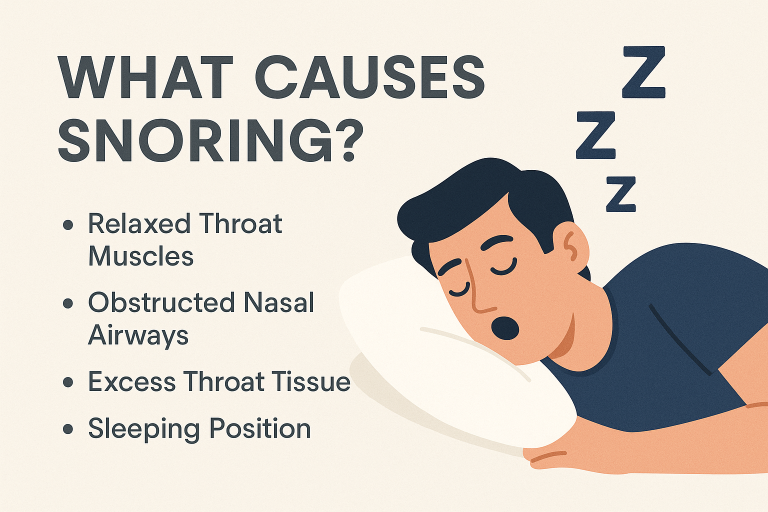 Illustration of a man snoring while sleeping on his side, with text listing common causes of snoring including relaxed throat muscles, obstructed nasal airways, excess throat tissue, and sleeping position.